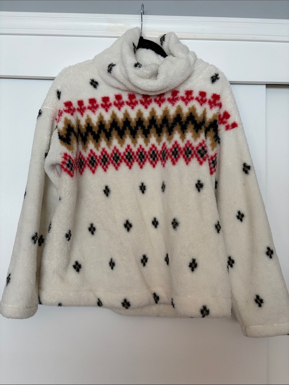 LOFT Ivory Fair Isle Turtleneck Pullover with Red and Brown Accents